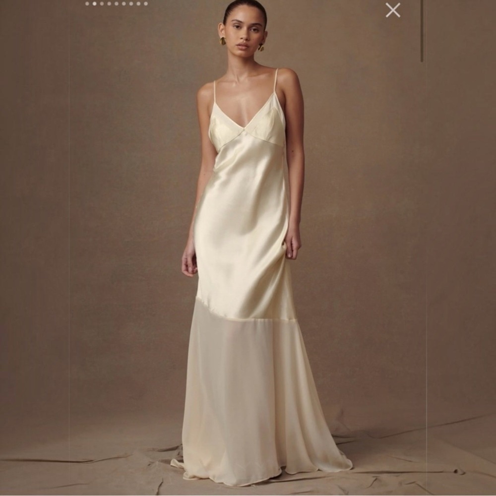 Meshki Evelyn Iridescent Satin Maxi Slip Dress Gown Lemon Sorbet Yellow Sz L‎